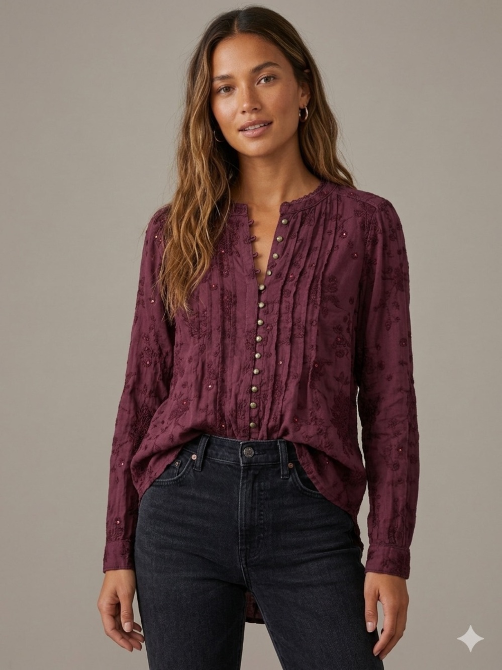Pilcro Anthropologie Embroidered Sequin Button Blouse S Burgundy
